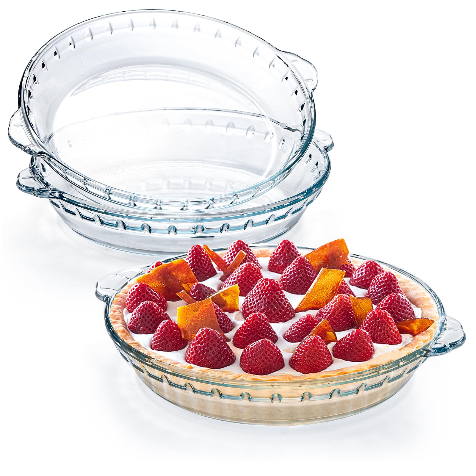 Kingrol 3-pack glass pie plates with handles for easy serving and baking.
