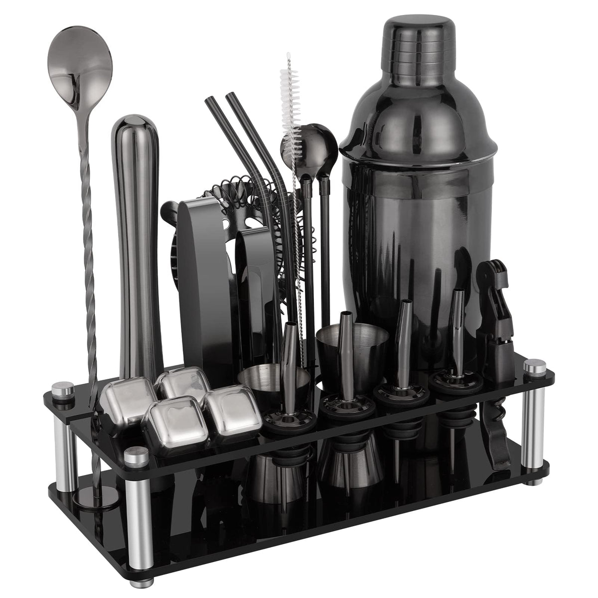 KINGROW 23-piece shaker set displayed on an acrylic stand for organized home bar