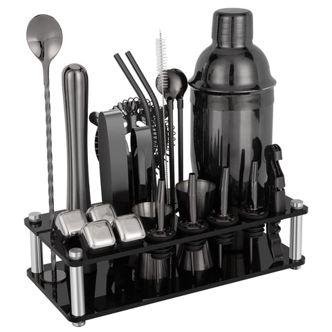 KINGROW 23-piece shaker set displayed on an acrylic stand for organized home bar