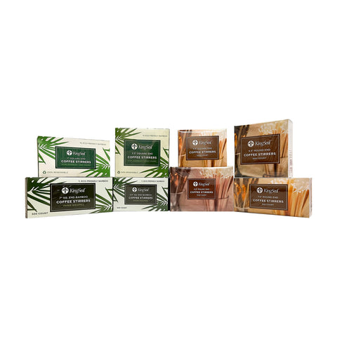 KingSeal natural birch wood stirrers in packaging with clean design