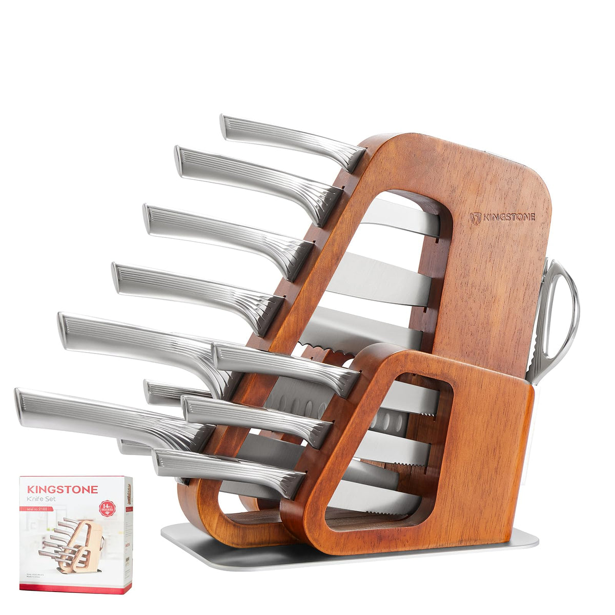 KINGSTONE 14-piece knife set with block shows complete kitchen prep versatility.