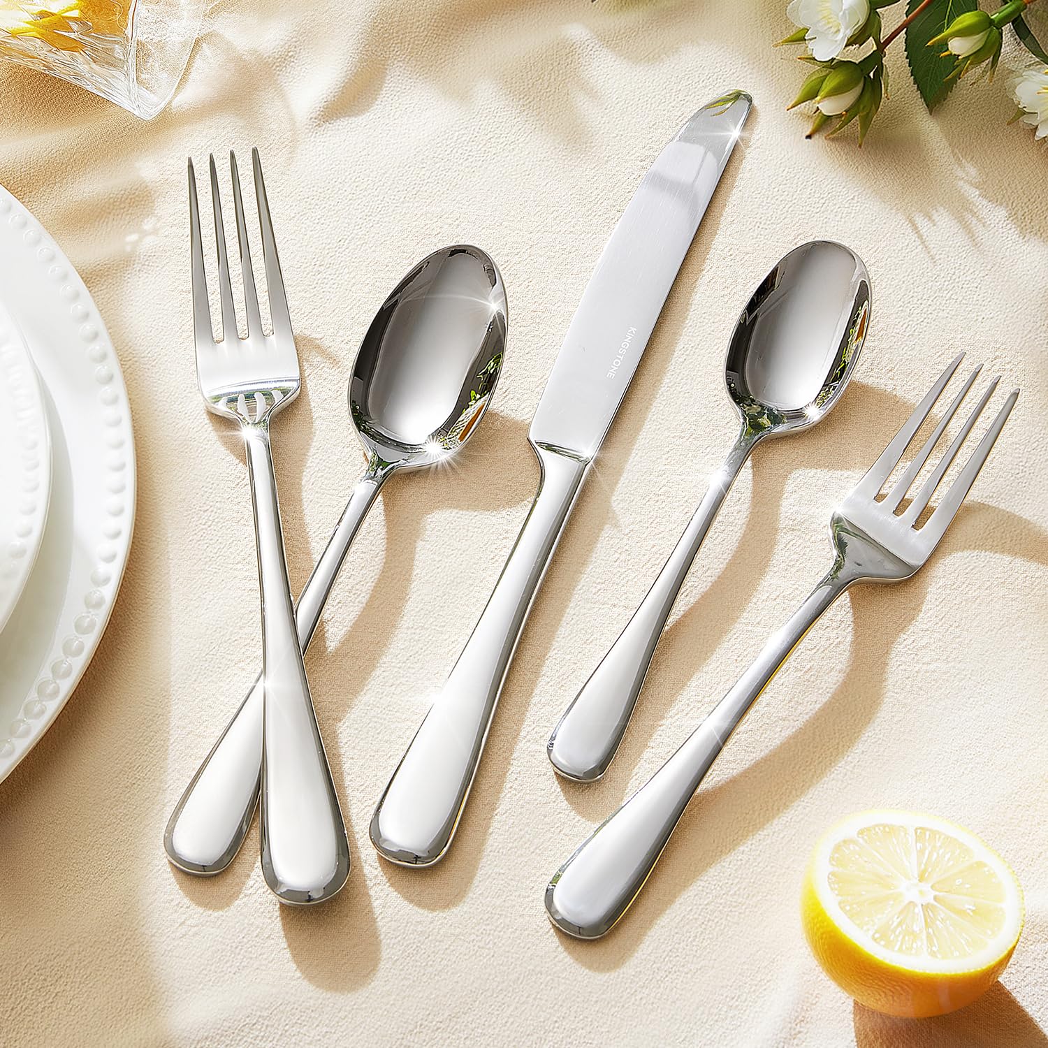 KINGSTONE 30-piece silverware set soup spoons for hearty meals and easy serving.