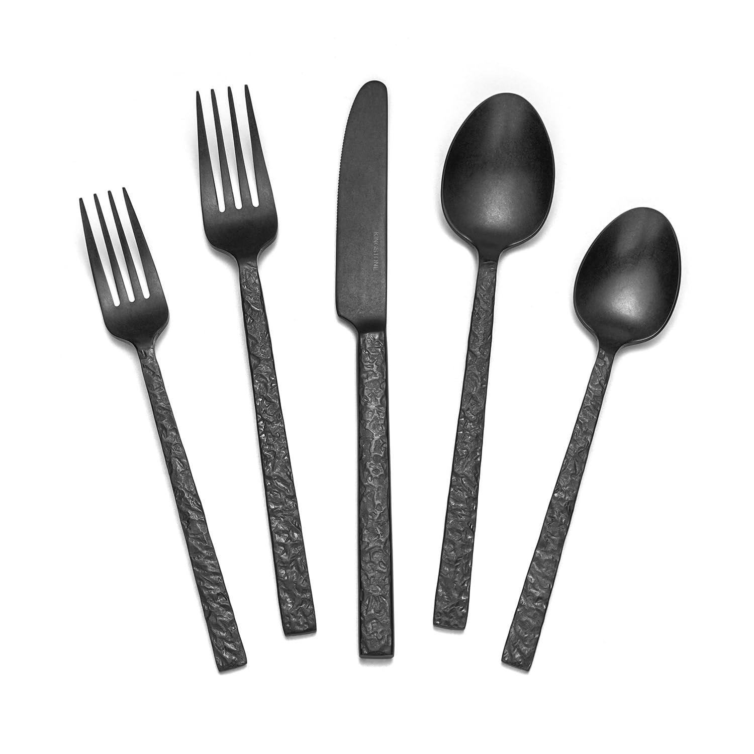 Kingstone 30-piece black hammered silverware set on table ready for family dinners.