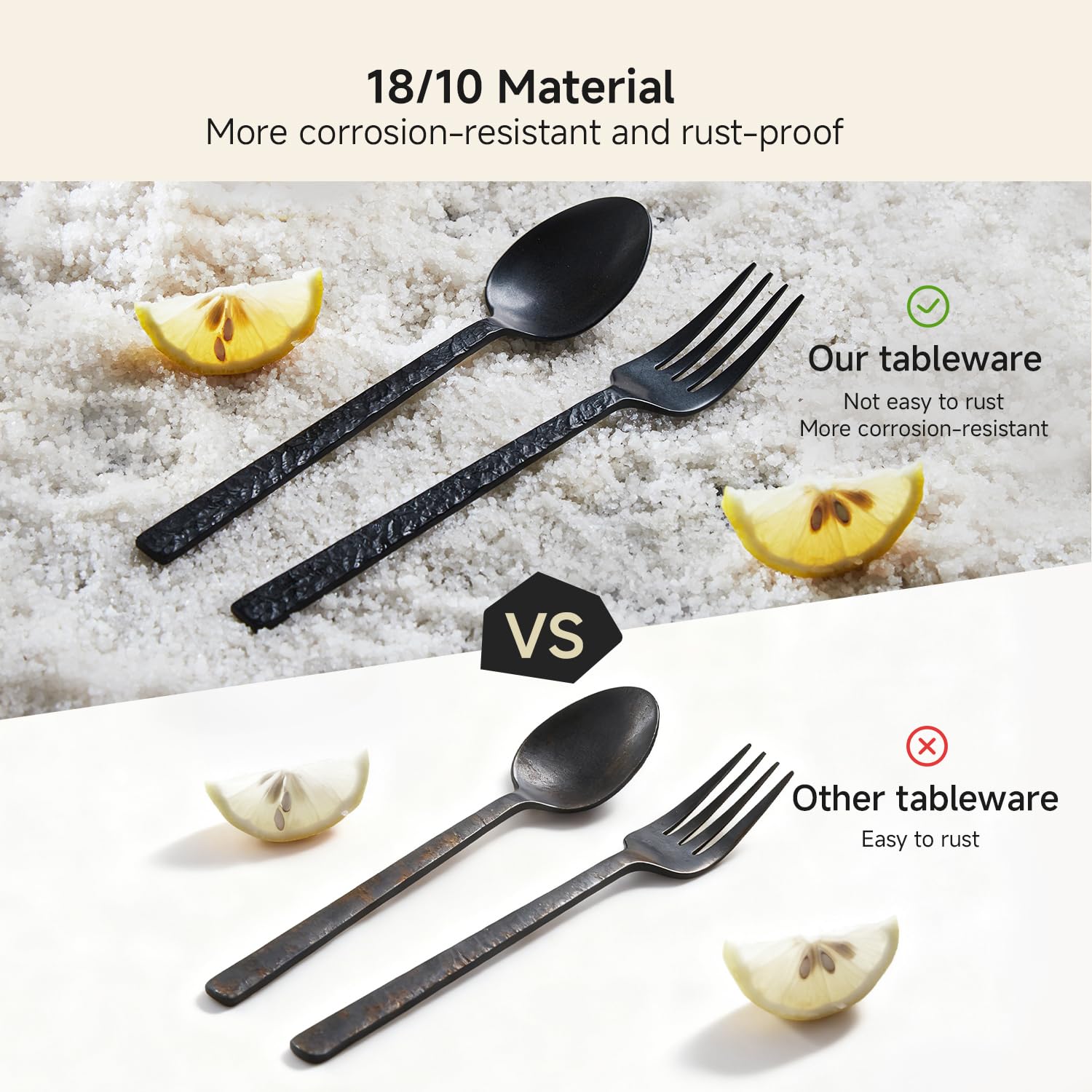 Kingstone 60pc black hammered silverware on a stylish dining table setup.