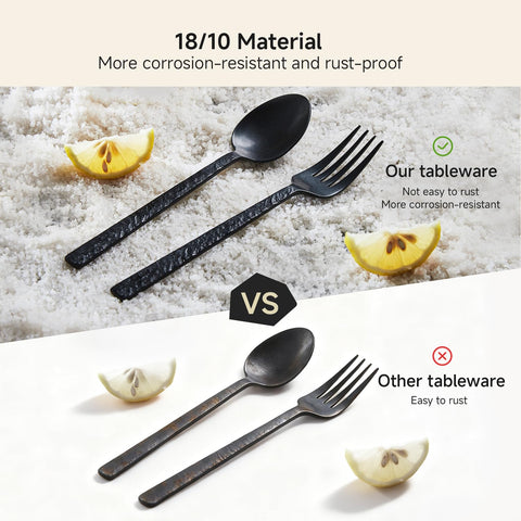 Kingstone 60pc black hammered silverware on a stylish dining table setup.