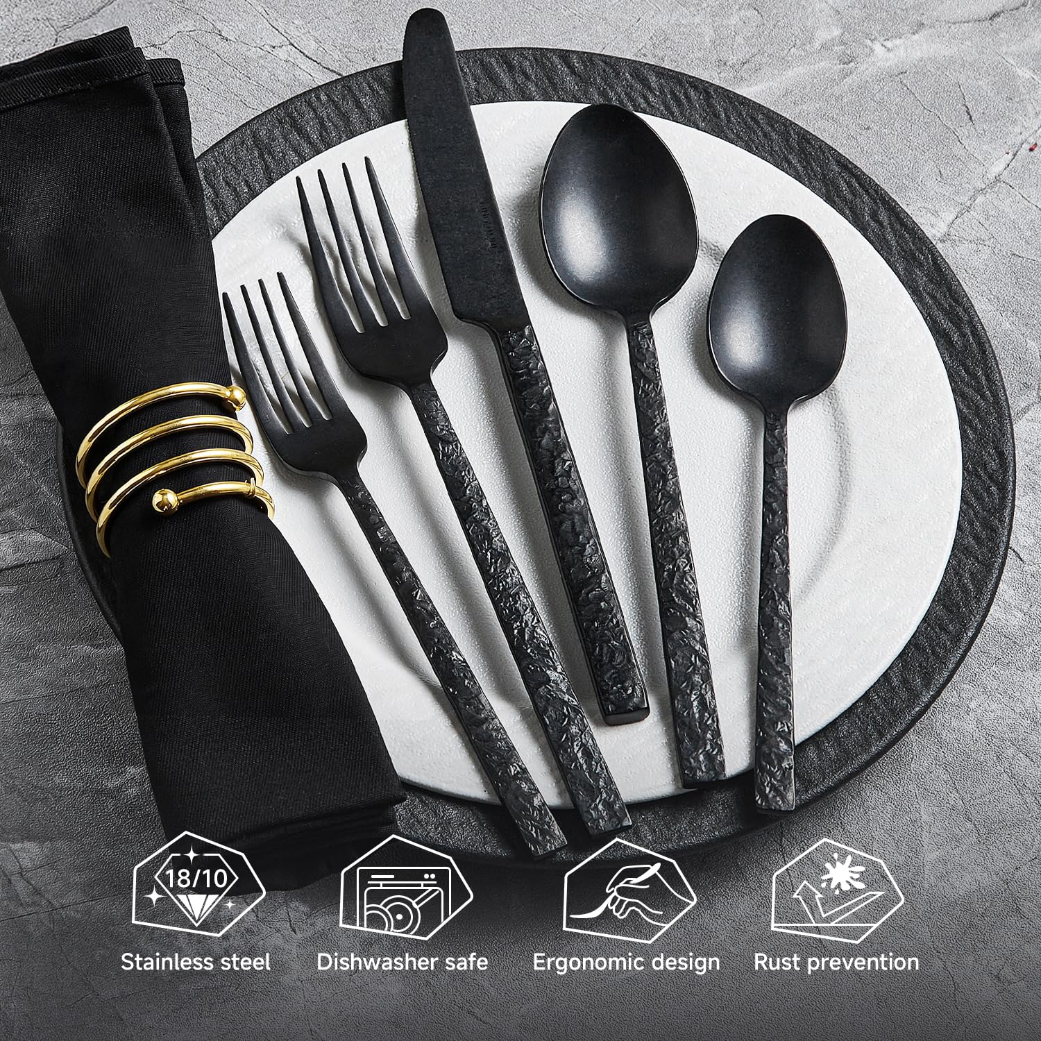 Kingstone 60pc black hammered dinner spoon with generous bowl for easy scooping.