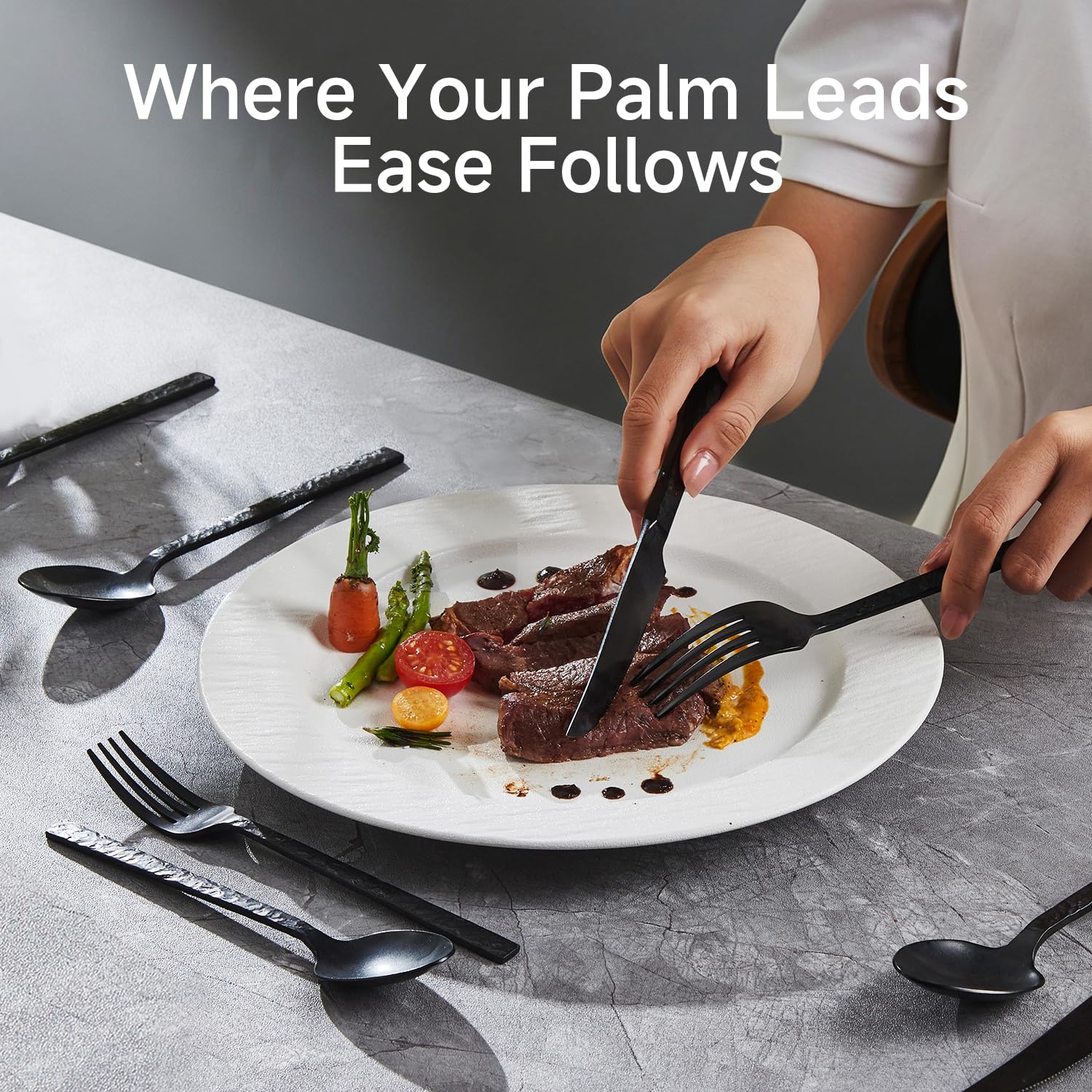 Kingstone 60pc black hammered set shown in a dishwasher-safe usage context.