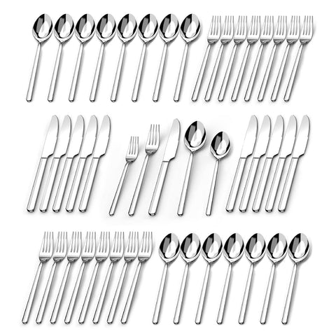 KINGSTONE 60 piece flatware set on table for twelve, ideal for family dinners and entertaining.