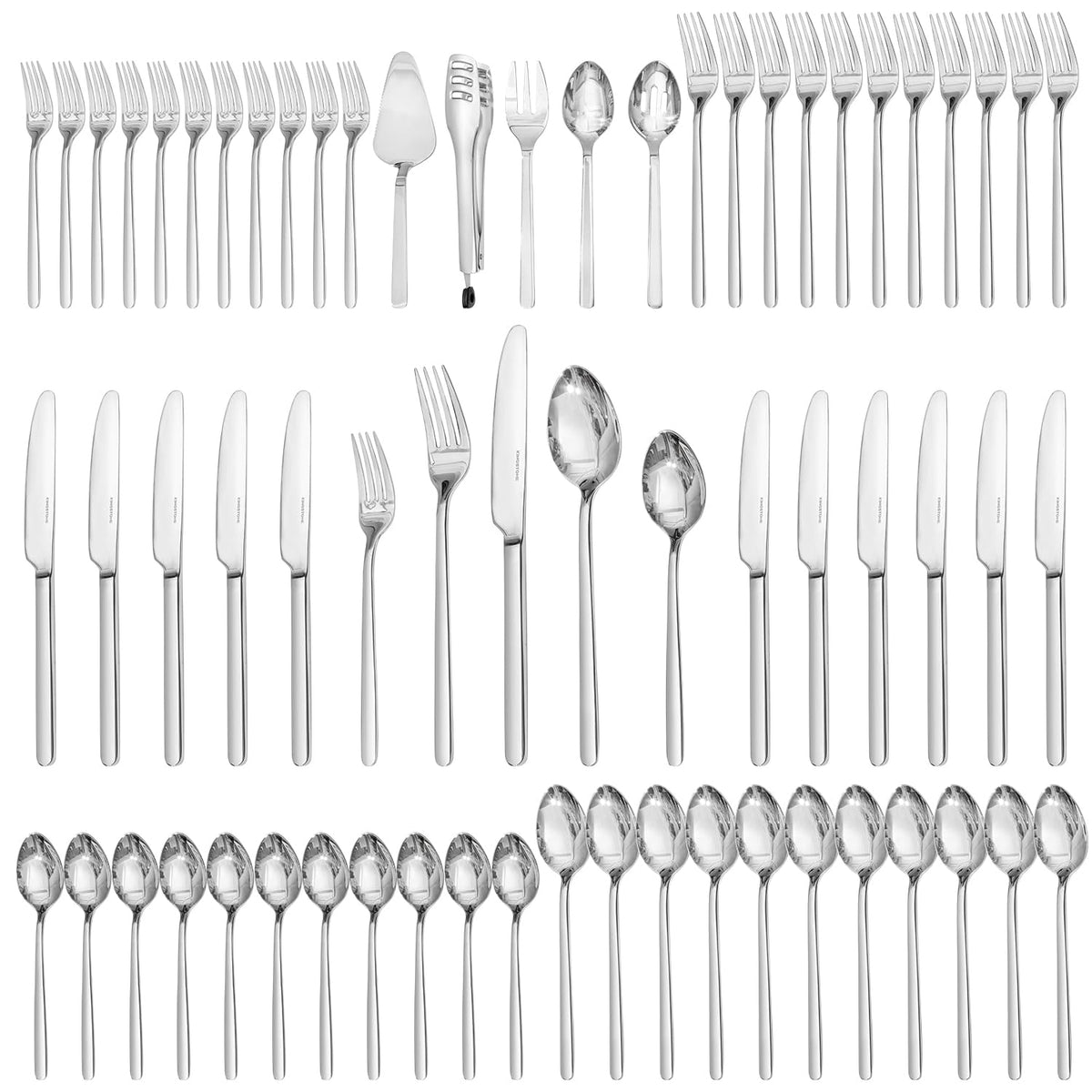 Kingstone 65-piece silverware set on table; durable 18/10 stainless steel for family meals