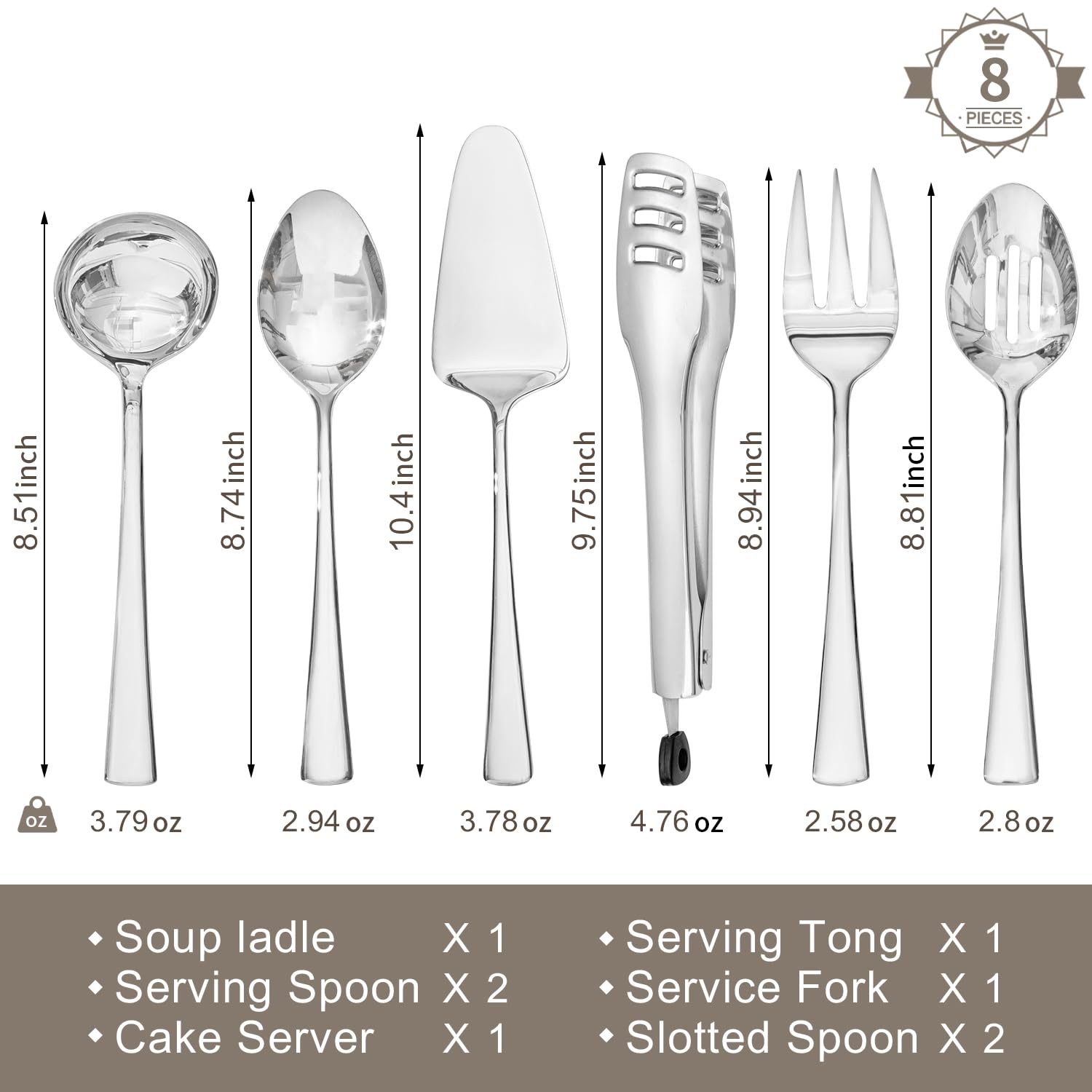 Kingstone 8-piece serving utensils set slotted spoon for draining salads.