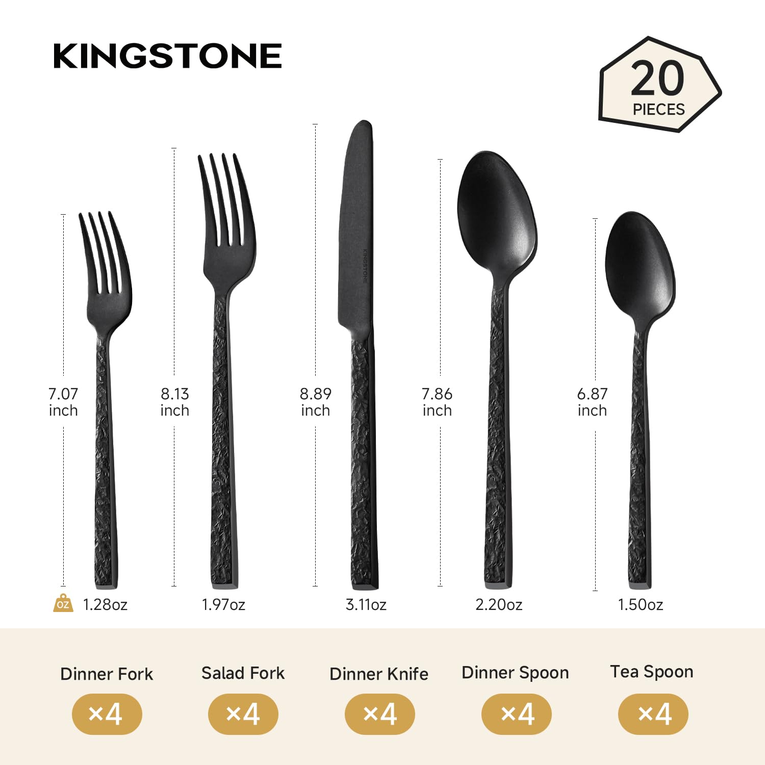 Kingstone black hammered silverware 4 dinner forks for versatile table settings