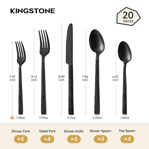 Kingstone black hammered silverware 4 dinner forks for versatile table settings