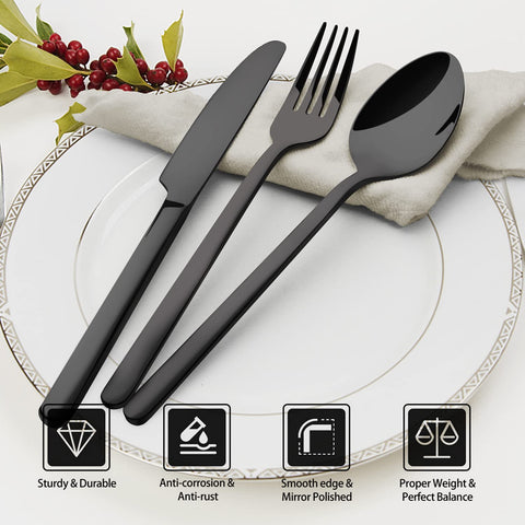 Kingstone black silverware set close-up on ergonomic handle detail