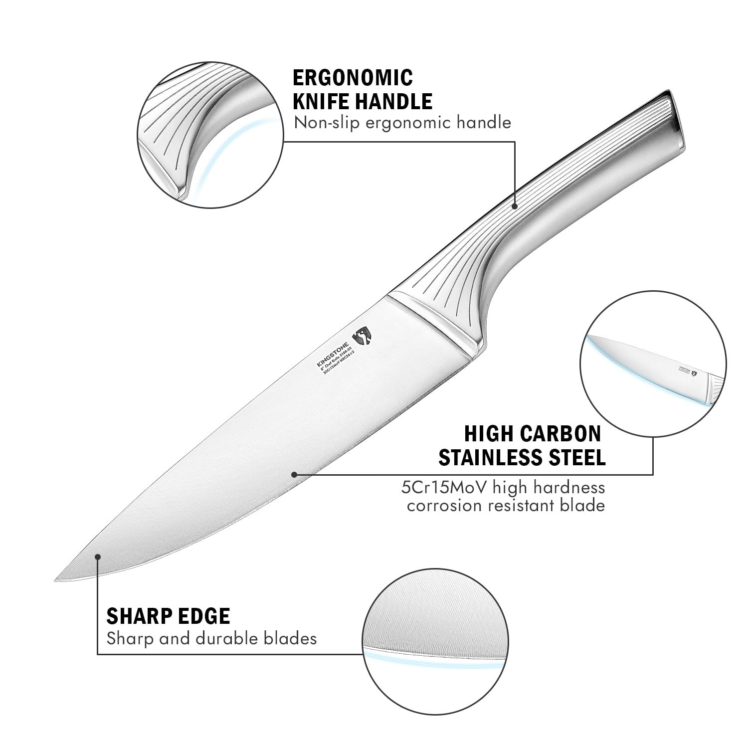 KINGSTONE chef knife 8in blade close-up highlights precise German stainless steel edge.