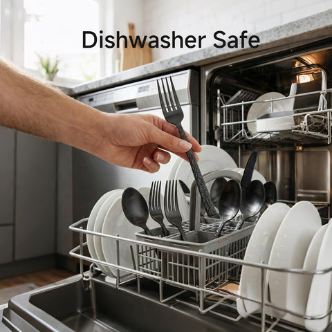 Kingstone dishwasher-safe label close-up indicating easy cleanup and care.