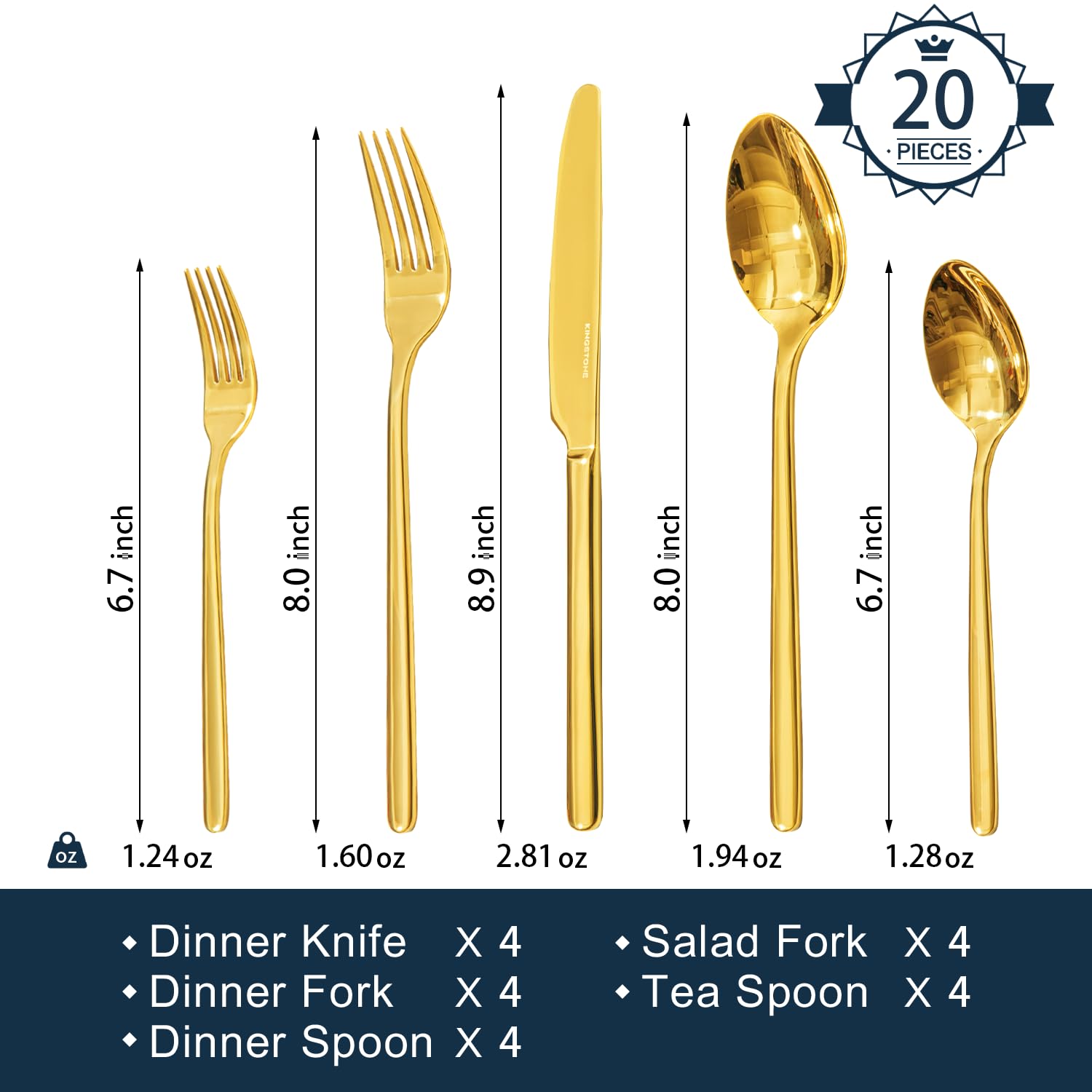 KINGSTONE gold silverware set on a dining table showcases modern, timeless elegance.