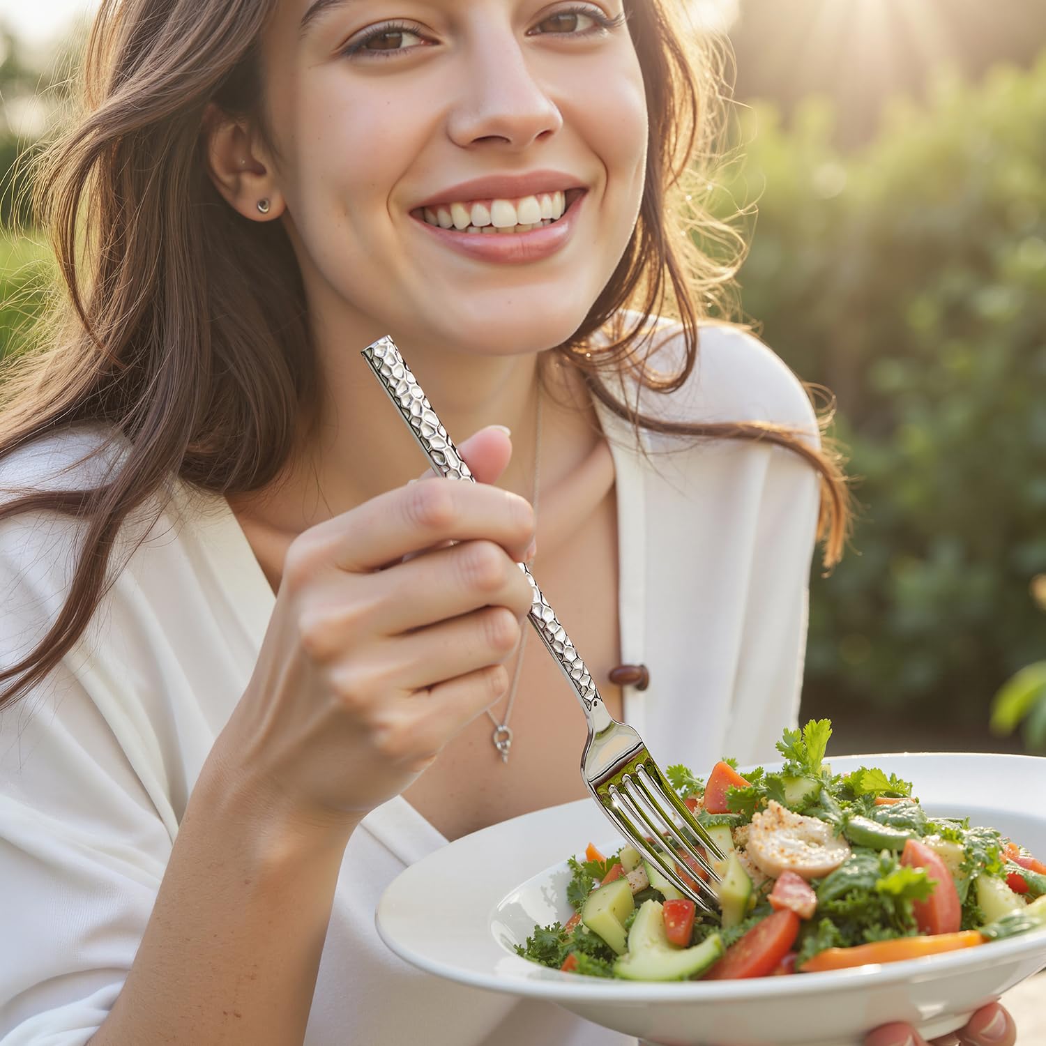 Kingstone hammered silverware dishwasher-safe care label indicates easy cleaning.