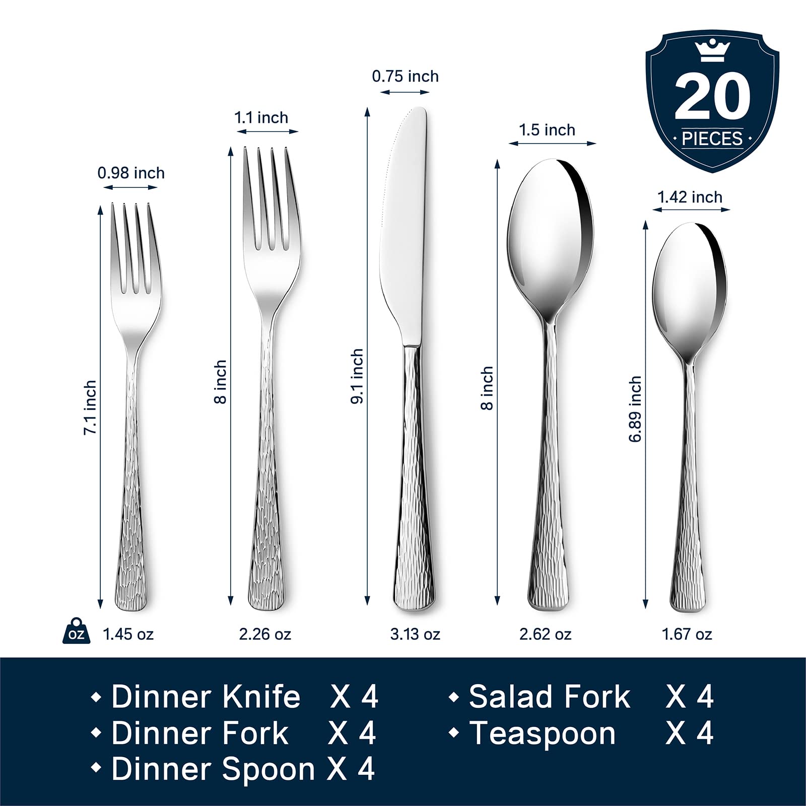 Kingstone hammered silverware set dinner fork, robust steel for steady eating