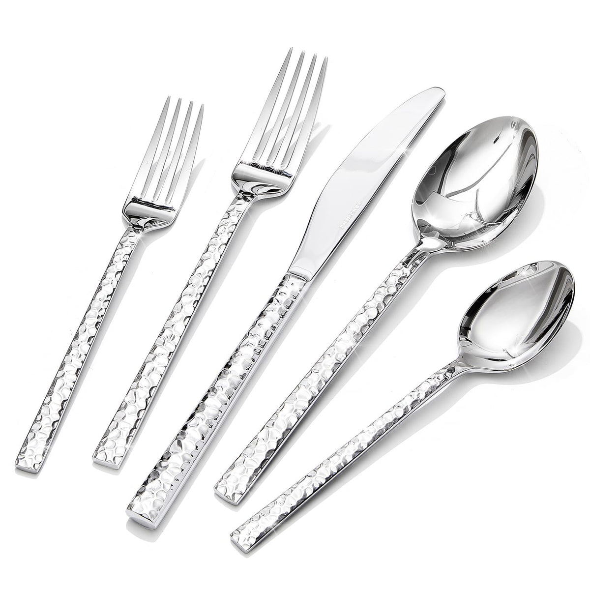 KINGSTONE hammered silverware set displayed for a six-place dinner setting.