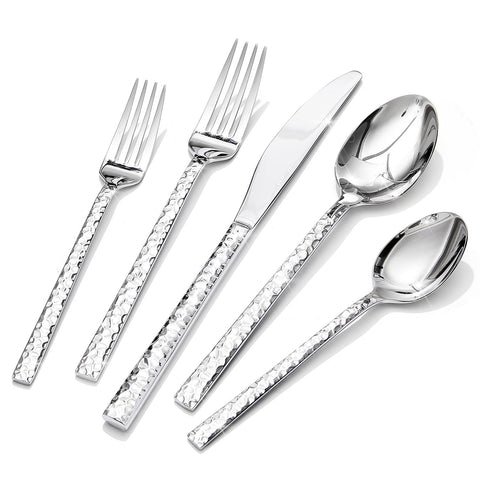 KINGSTONE hammered silverware set displayed for a six-place dinner setting.