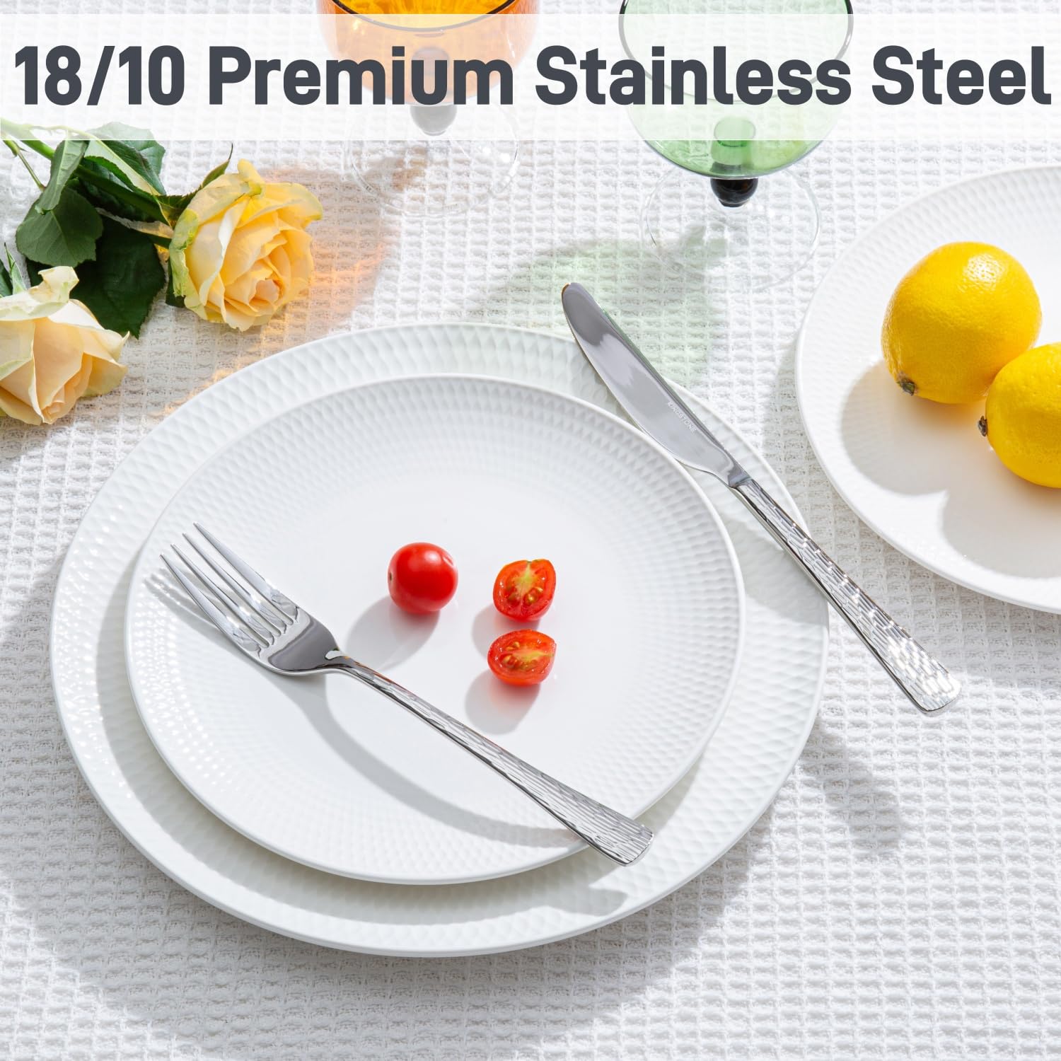 Kingstone hammered silverware set service for 12 displayed on a table setting