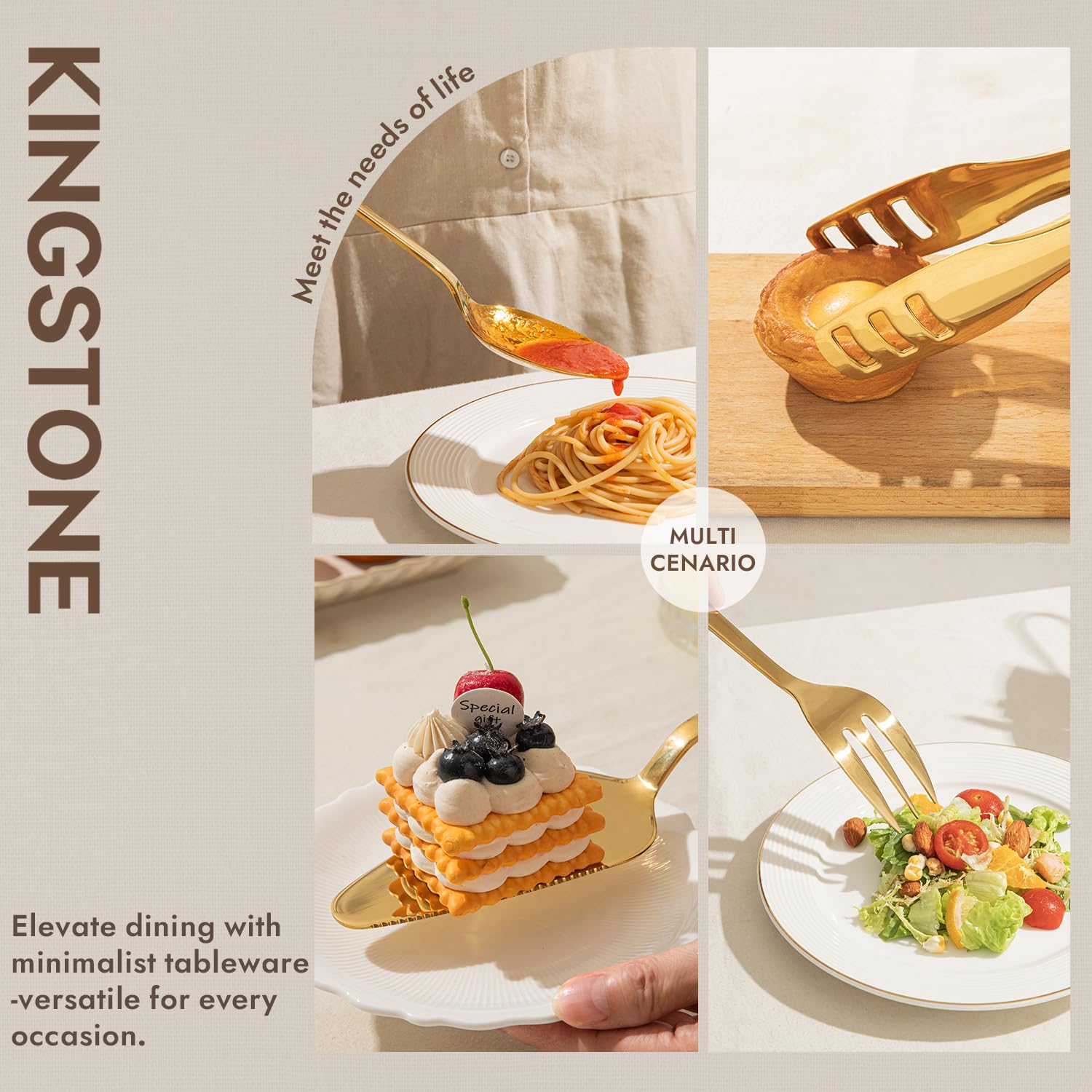 Kingstone Hostess Gold cake server close-up emphasizing mirror polish and easy cleanup.