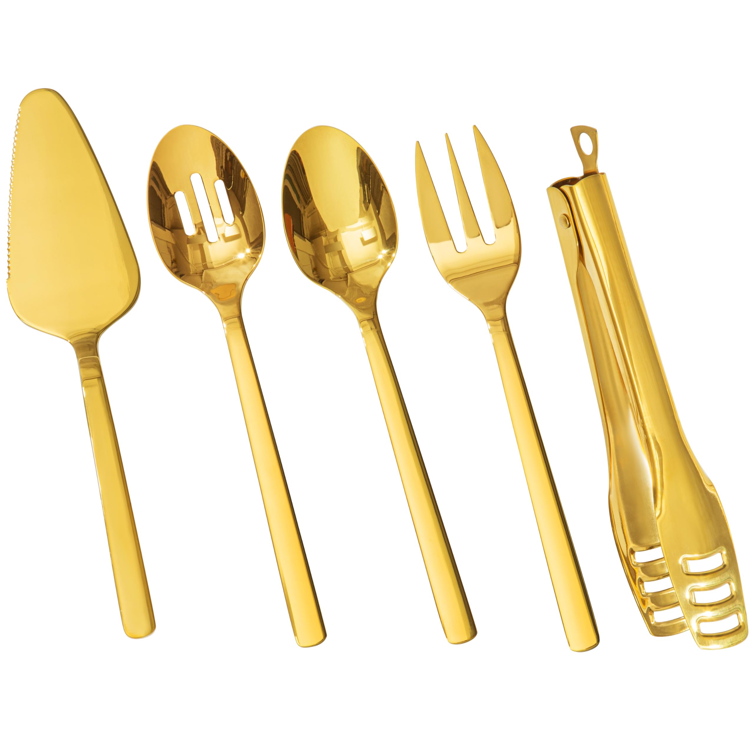 Kingstone Hostess Gold serving utensils set on display for elegant buffets, perfect for weddings.