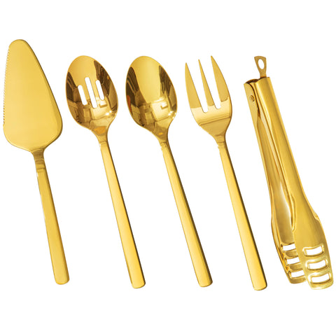 Kingstone Hostess Gold serving utensils set on display for elegant buffets, perfect for weddings.