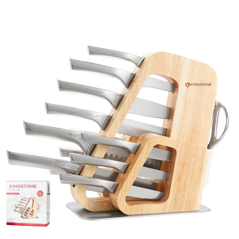 KINGSTONE 14-piece knife set in natural block for organized meal prep.
