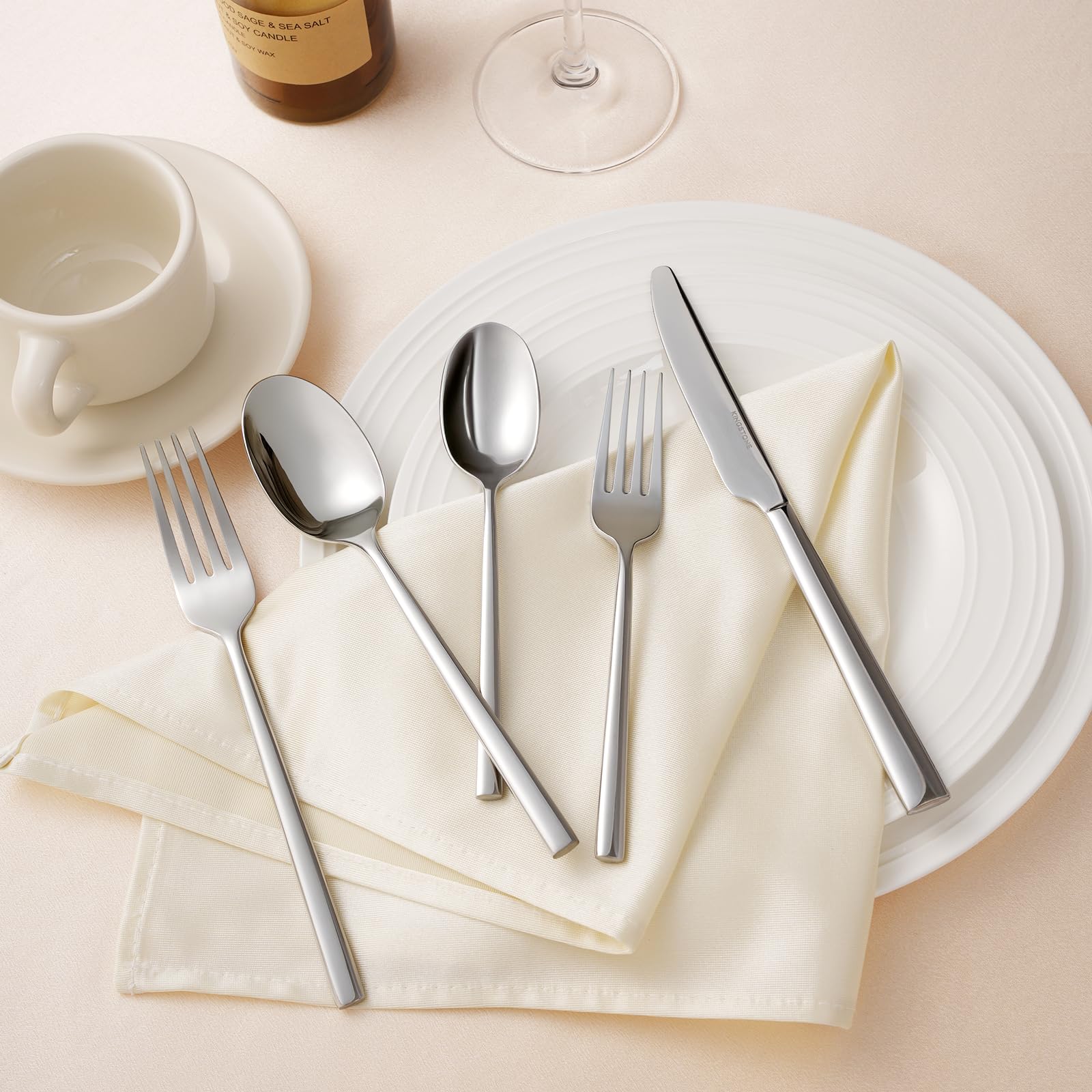 Kingstone silverware with mirror finish enhances table elegance and quick cleaning.