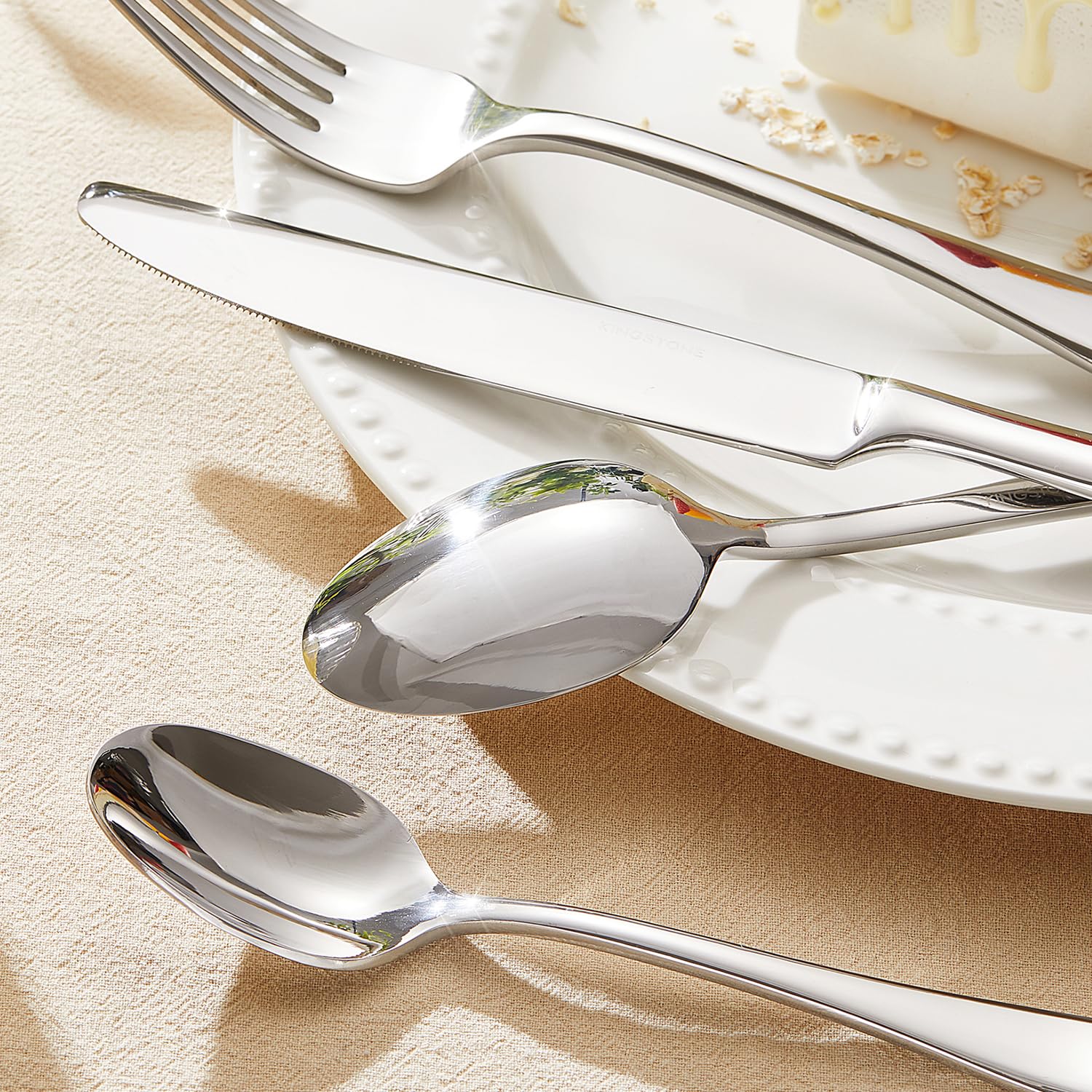 Kingstone silverware set for 4 salad forks; broad tines ideal for greens and toppings.