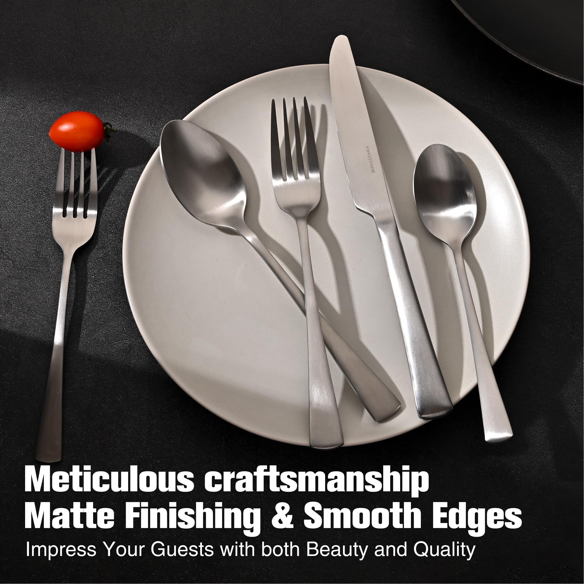 Kingstone craftsmanship in polished 18/10 steel shines on table.