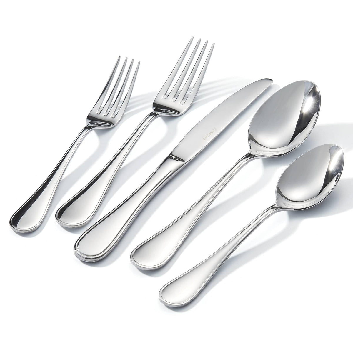 Kingstone teardrop silverware set full collection for eight diners, organized and ready for entertaining.