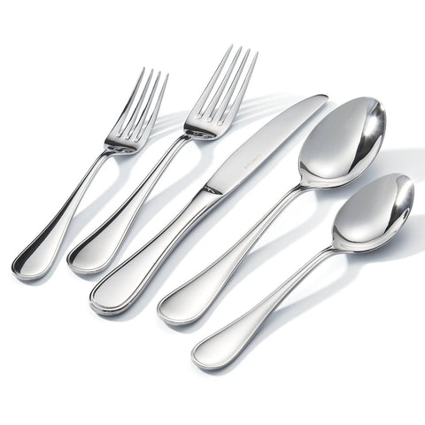 Kingstone teardrop silverware set full collection for eight diners, organized and ready for entertaining.