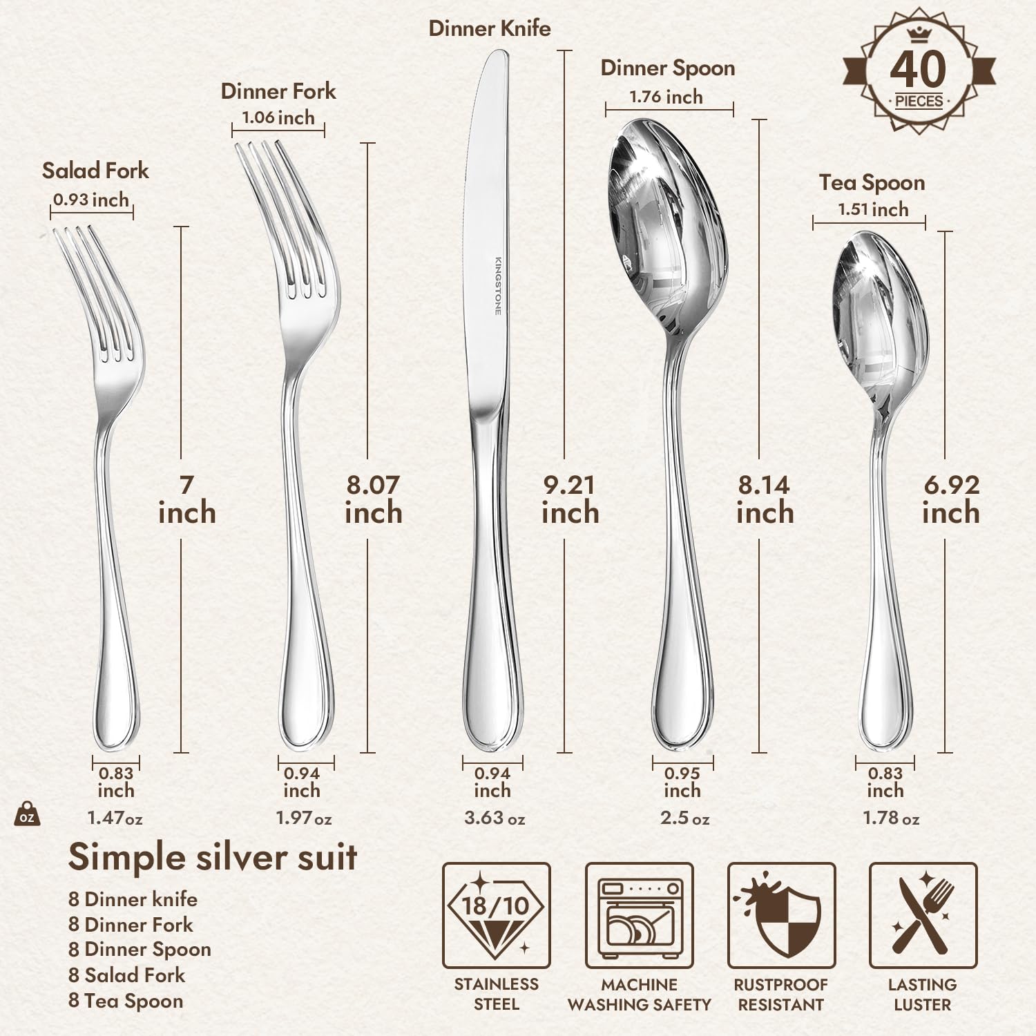 Kingstone teardrop silverware set polished finish enhances table elegance and reflection.