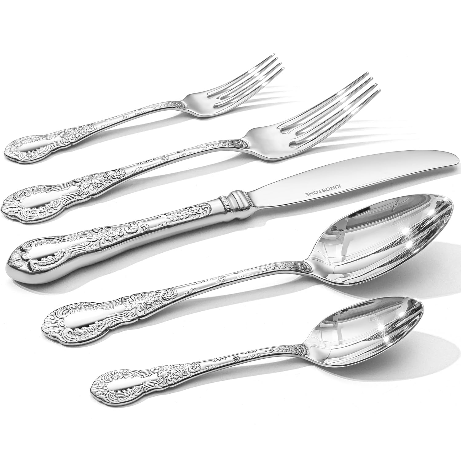 KINGSTONE vintage carved silverware set front view for an elegant table setting.
