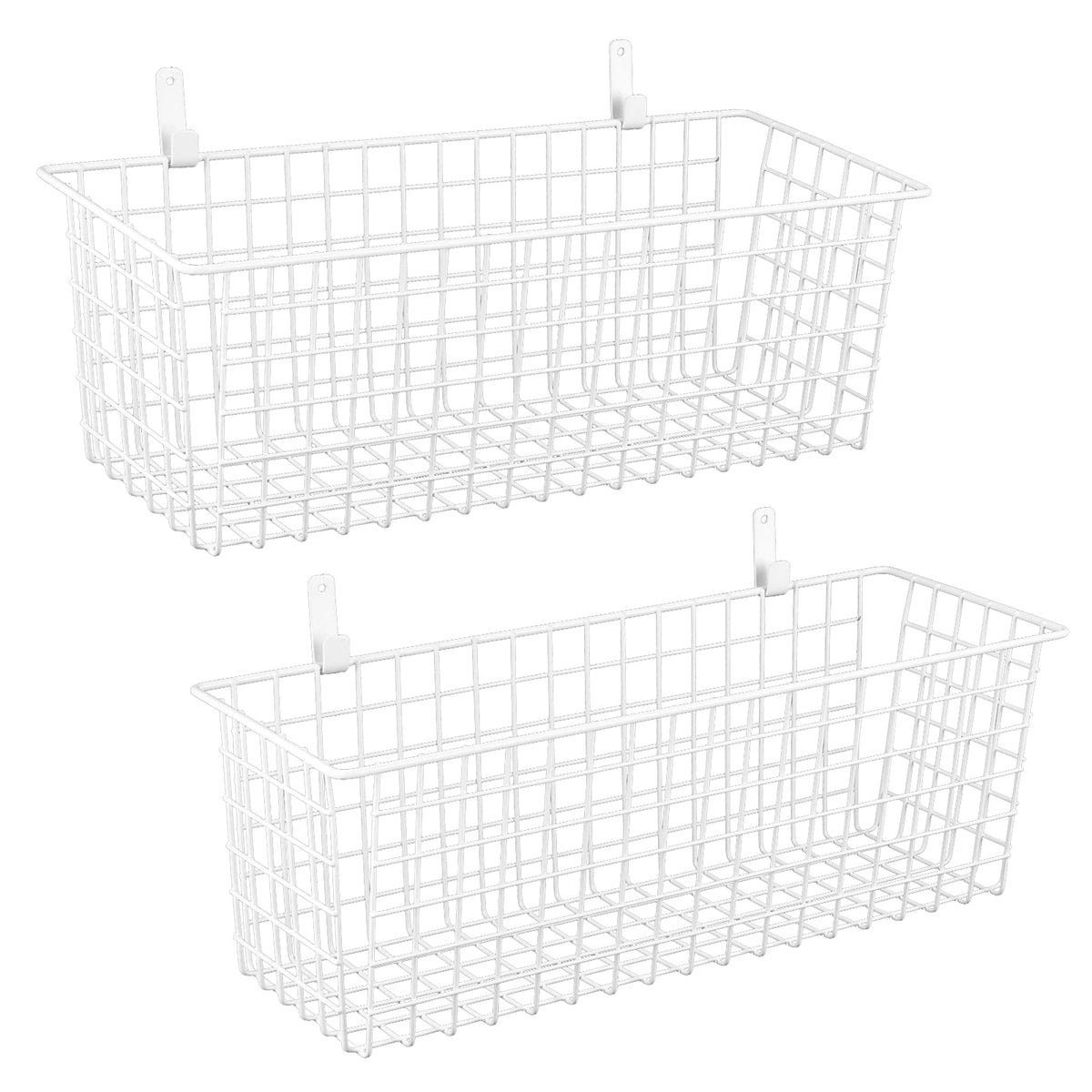 KINLINK extra-large hanging wall basket on wall with hooks keeps pantry items organized.