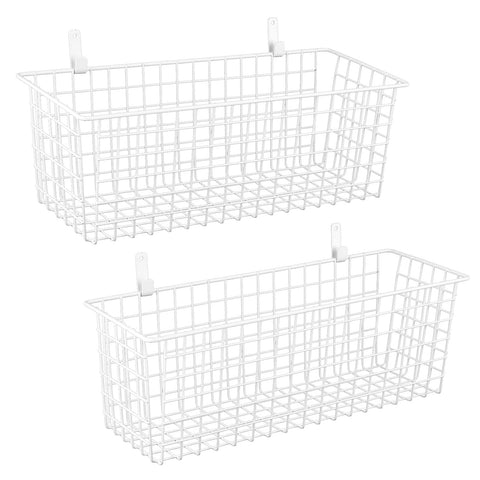 KINLINK extra-large hanging wall basket on wall with hooks keeps pantry items organized.