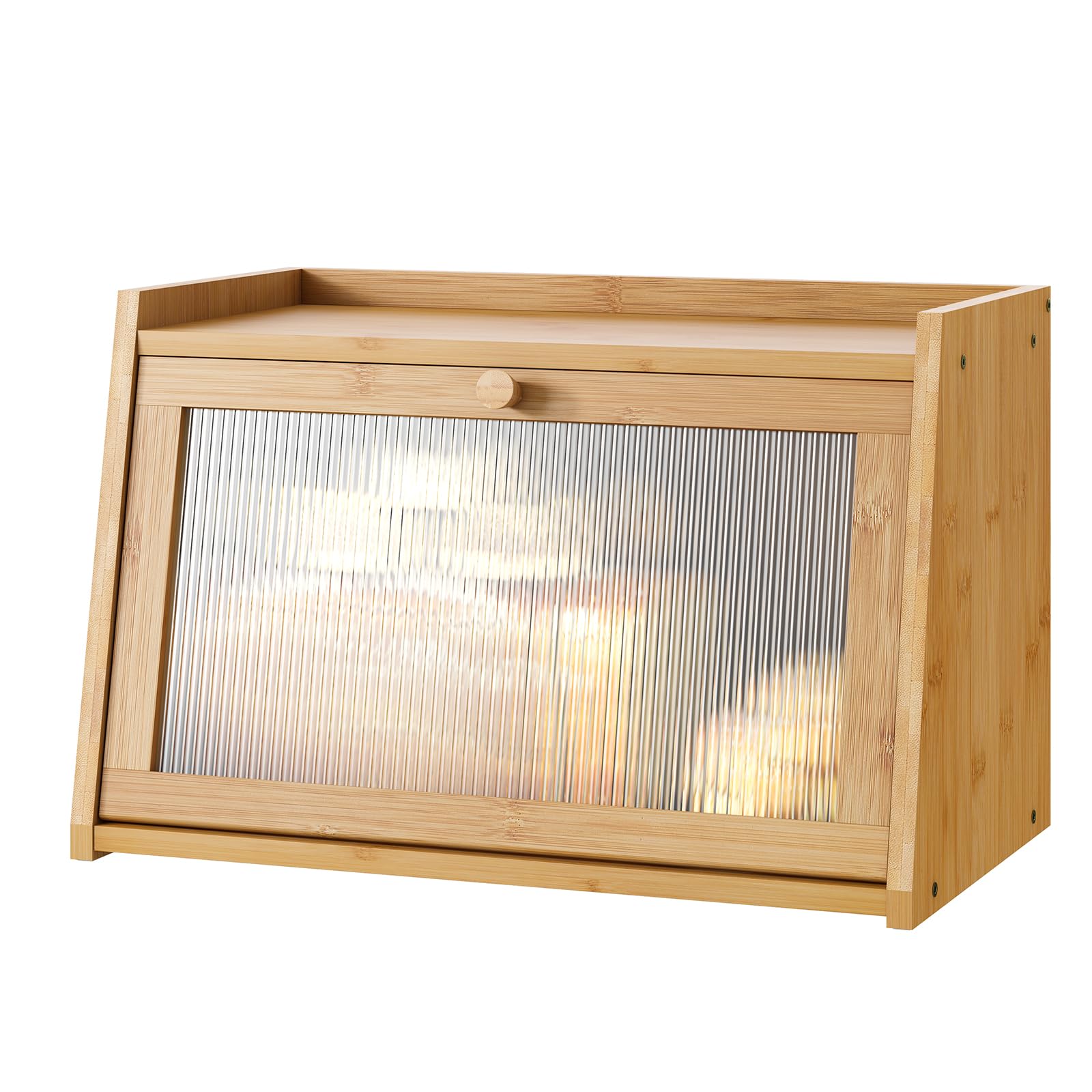Kiplant bamboo bread box with flat-top design for easy counter storage.