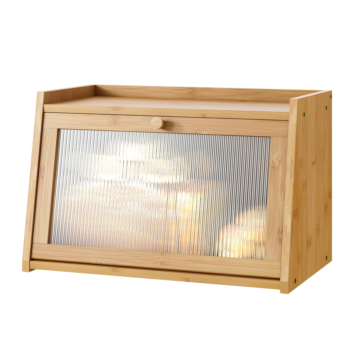 Kiplant bamboo bread box with flat-top design for easy counter storage.