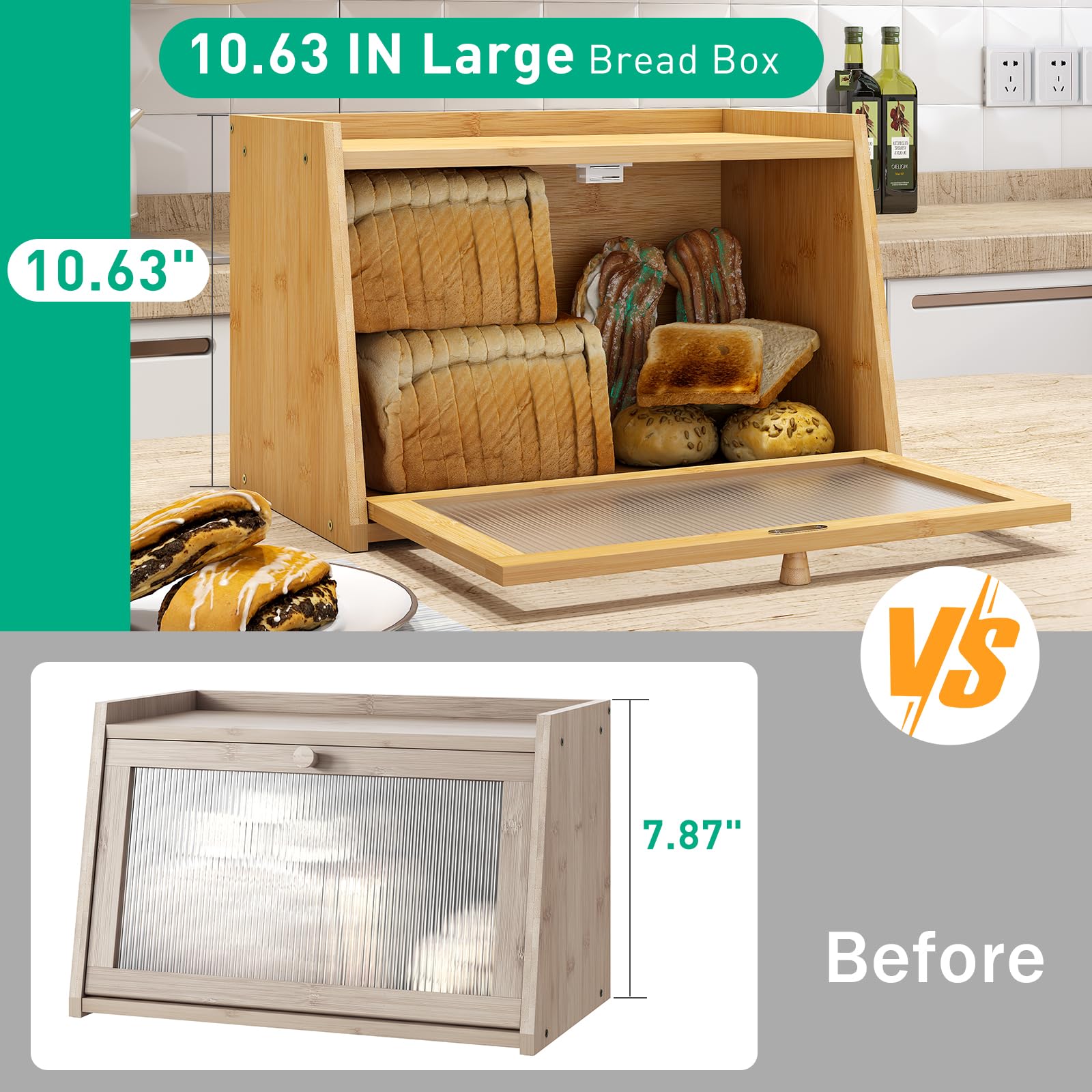 Kiplant bamboo bread box dimensions 16.54 by 9.84 by 10.63 inches.