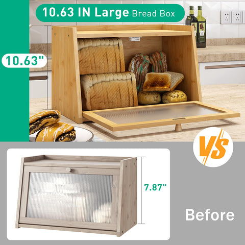 Kiplant bamboo bread box dimensions 16.54 by 9.84 by 10.63 inches.