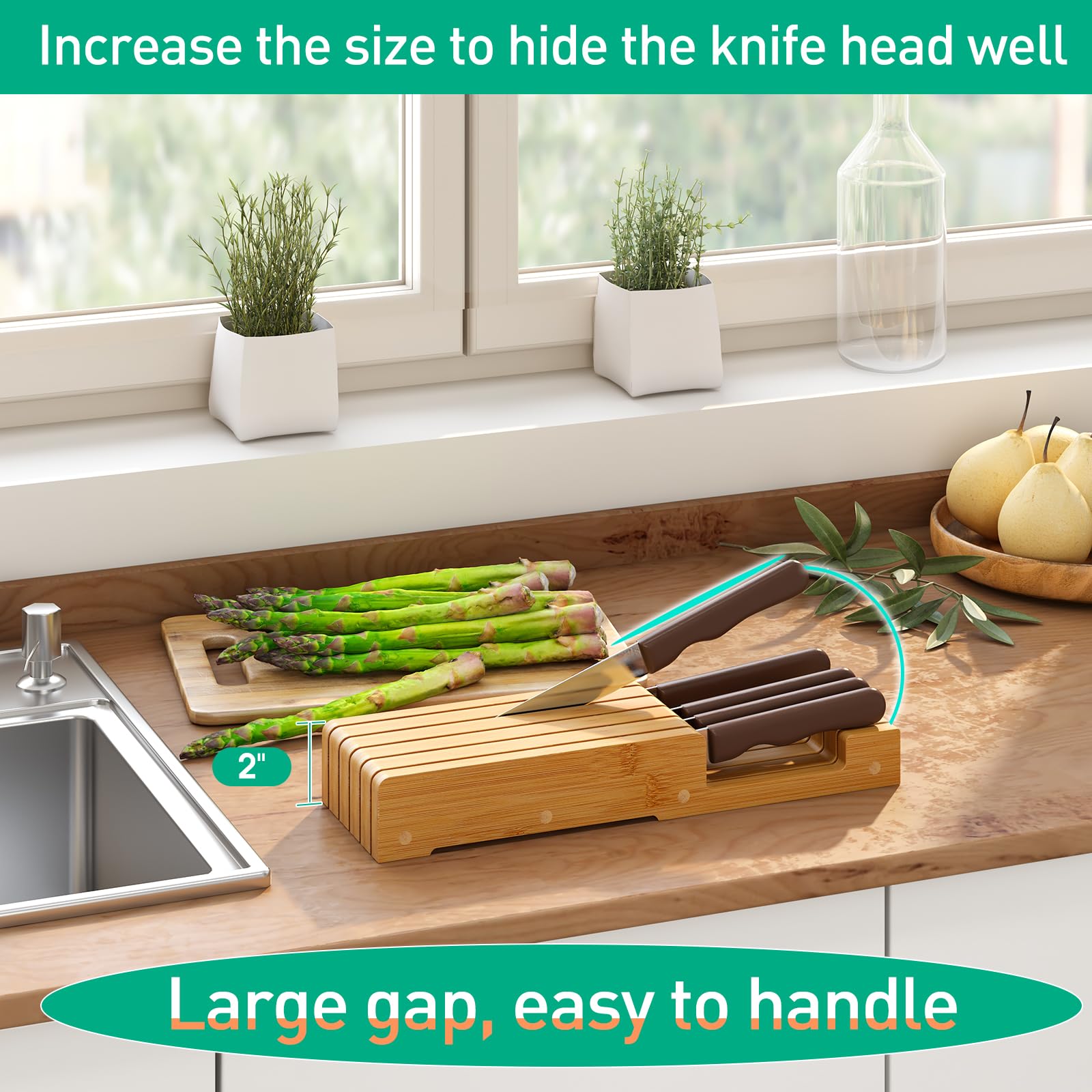 Kiplant drawer storage open slot demonstrates easy access to knives.