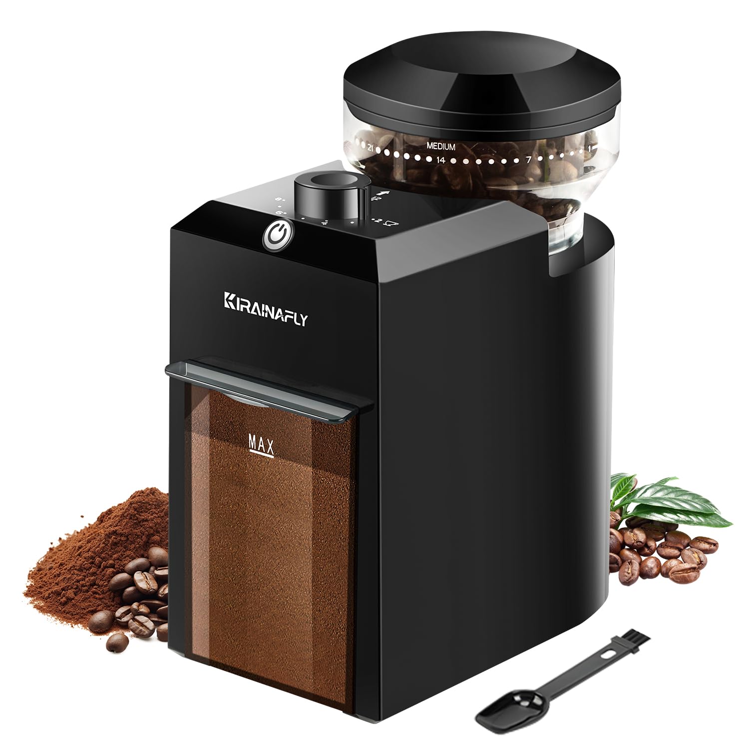 KIRAINAFLY electric burr grinder, front view, compact design saves counter space.