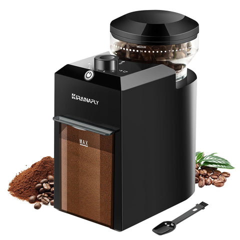 KIRAINAFLY electric burr grinder, front view, compact design saves counter space.