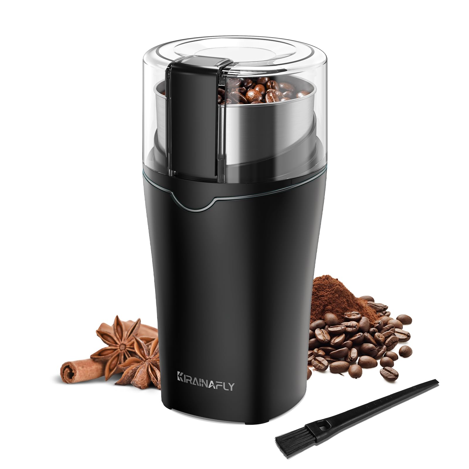 KIRAINAFLY spice grinder front view highlights compact power for quick grinding.