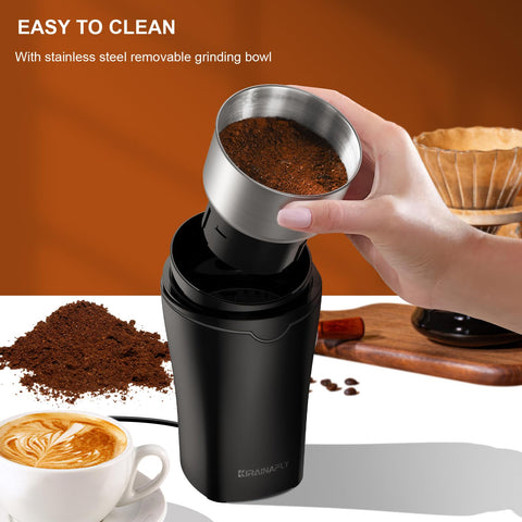 KIRAINAFLY spice grinder with removable cup enables easy filling and cleaning.