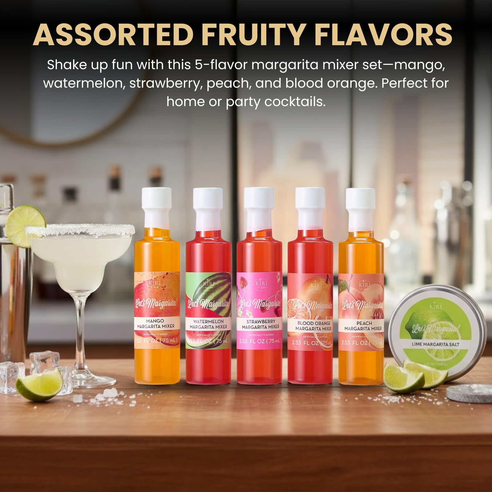 Kiri & Sons mango margarita mix bottle ready to add tropical flair.
