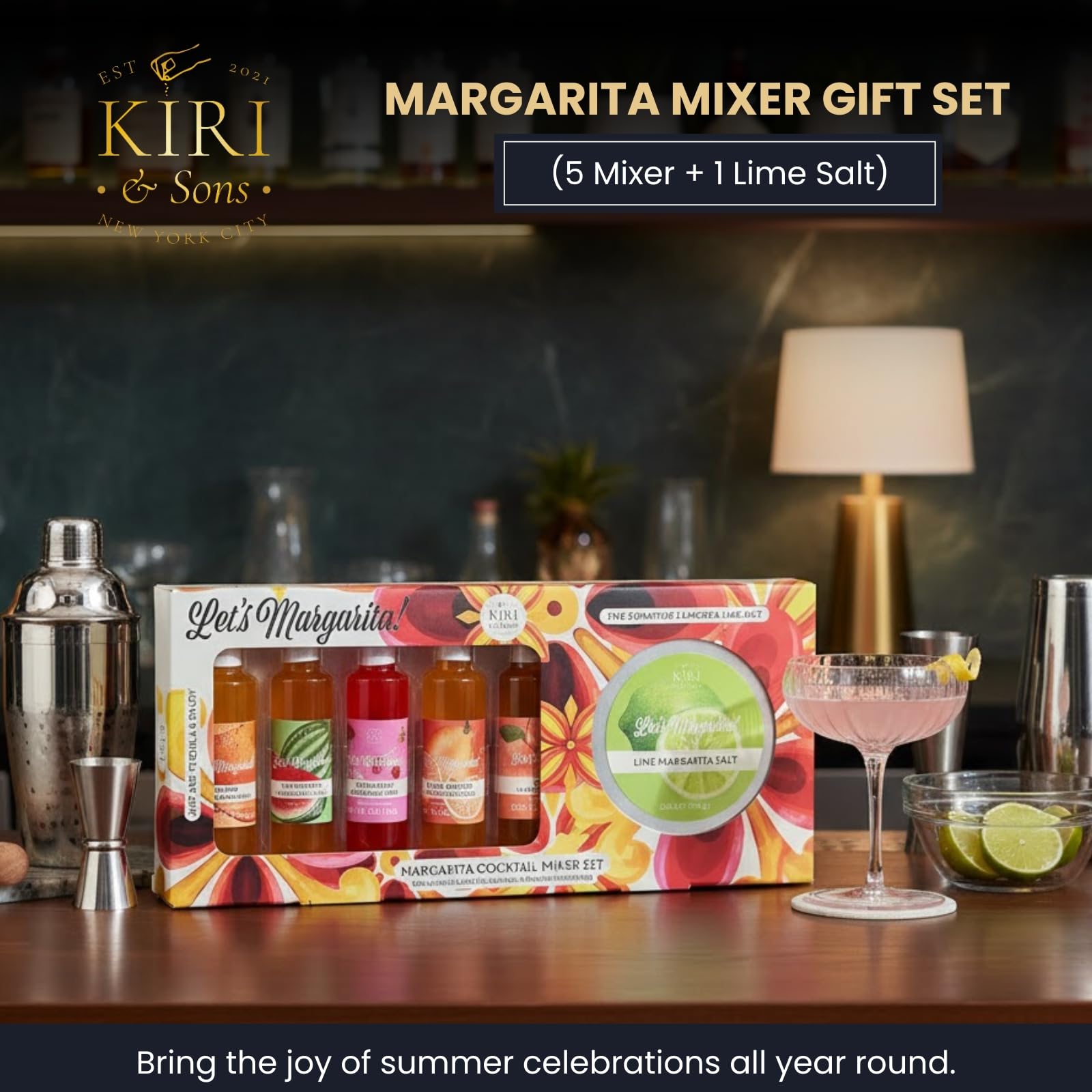 Kiri & Sons margarita mixer set bottle range featuring five fruity flavors.