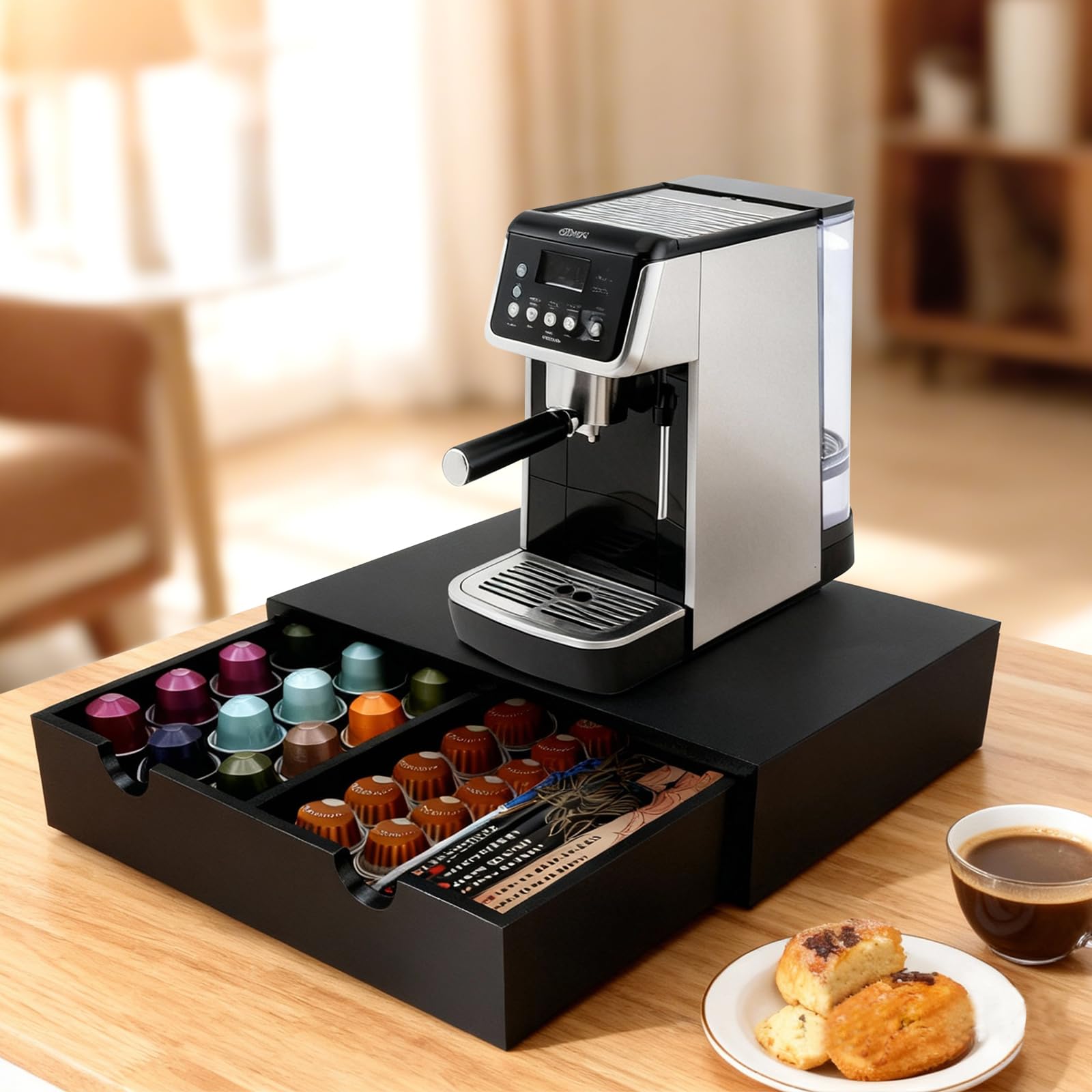 KISENG coffee pod organizer shown with drawers open for pods and tea bags